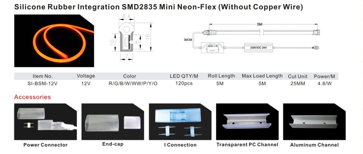 Silicone Rubber Integration SMD2835 Mini Neon-Flex(Without Coppe